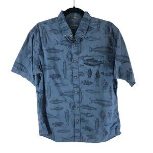 Eddie Bauer Mens Button Down Shirt Fish Print Lightweight Cotton Blue M